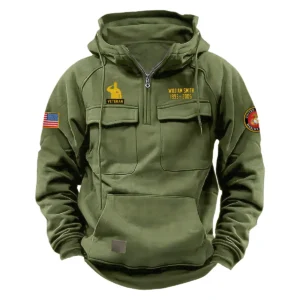 Personalized U.S. Marine Corps Tactical Quarter Zip Hoodie Honor and Duty Edition Valiant Excellence Gift for U.S. Marine Corps Veterans Army Green