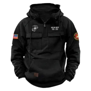 U.S. Marine Corps Tactical Quarter Zip Hoodie Service and Sacrifice Edition Personalized Loyal Excellence Tribute for U.S. Marine Corps Veterans Black