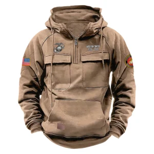 Custom Loyal Patriotism U.S. Marine Corps Tactical Quarter Zip Hoodie Service and Sacrifice Edition Honoring U.S. Marine Corps Veterans Khaki