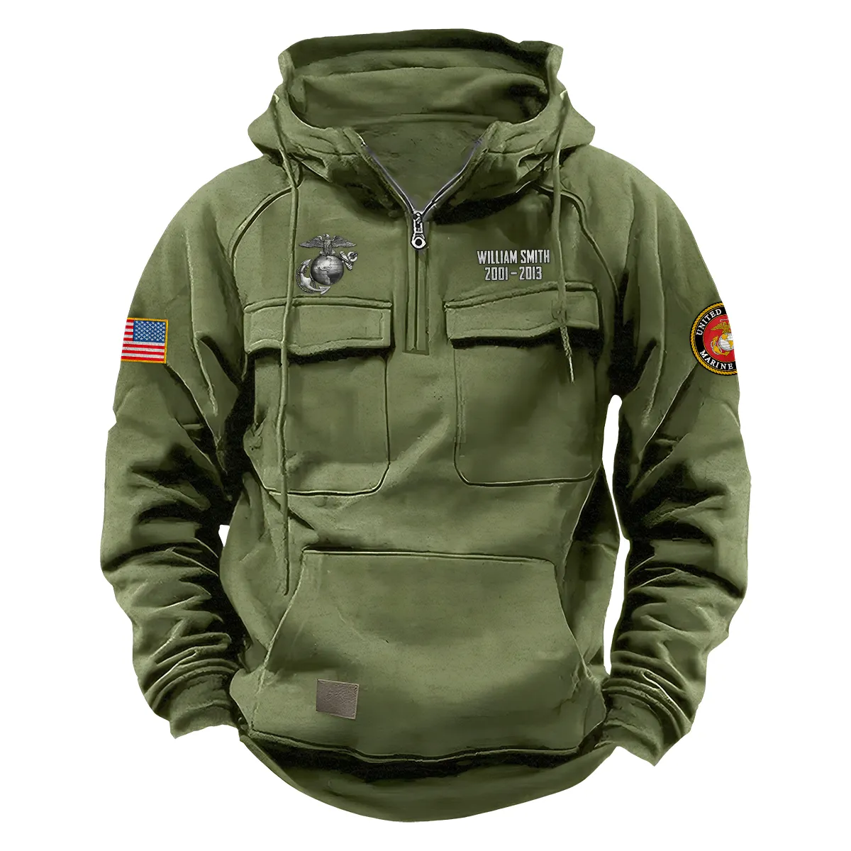 Personalized U.S. Marine Corps Tactical Quarter Zip Hoodie Service and Sacrifice Edition Celebrating Loyal Tribute for U.S. Marine Corps Veterans Army Green Personalized U.S. Marine Corps Tactical Quarter Zip Hoodie Service and Sacrifice Edition Celebrating Loyal Tribute for U.S. Marine Corps Veterans Army Green