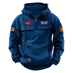U.S. Marine Corps Tactical Quarter Zip Hoodie Proud Veteran Edition Personalized Brave Heritage Tribute for U.S. Marine Corps Veterans Dark Blue