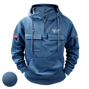 Custom Distinguished Heritage U.S. Air Force E2 AMN Tactical Quarter Zip Hoodie Honoring U.S. Air Force Veterans Blue