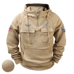 Distinguished Devotion Edition Personalized U.S. Air Force E2 AMN Tactical Quarter Zip Hoodie for U.S. Air Force Veterans Khaki