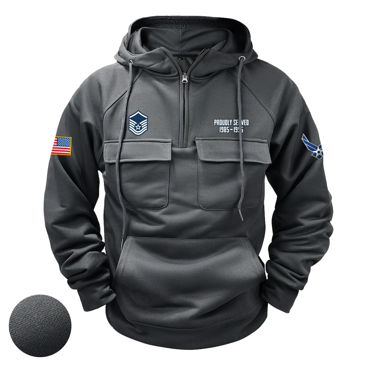 Personalized U.S. Air Force E7A MSGT Tactical Quarter Zip Hoodie Celebrating Heroic Service for U.S. Air Force Veterans Gray Personalized U.S. Air Force E7A MSGT Tactical Quarter Zip Hoodie Celebrating Heroic Service for U.S. Air Force Veterans Gray