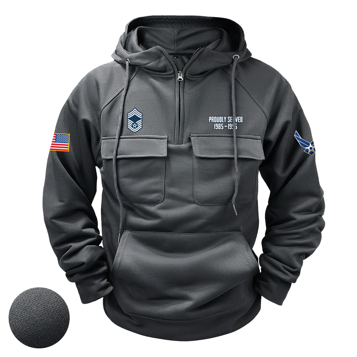 Personalized U.S. Air Force E9A CMSGT Tactical Quarter Zip Hoodie Celebrating Heroic Heritage for U.S. Air Force Veterans Gray Personalized U.S. Air Force E9A CMSGT Tactical Quarter Zip Hoodie Celebrating Heroic Heritage for U.S. Air Force Veterans Gray