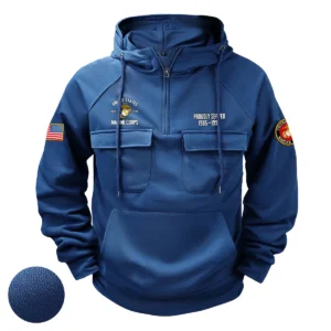 Dedicated Strength Edition Personalized U.S. Marine Corps Tactical Quarter Zip Hoodie for U.S. Marine Corps Veterans Dark Blue