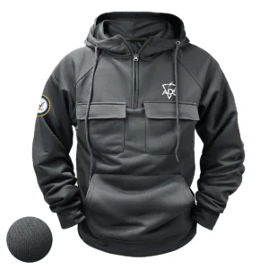 Personalized ADS, Inc. x U.S. Military Branch Tactical Quarter Zip Hoodie Mighty Devotion Gift for Military Veterans Gray