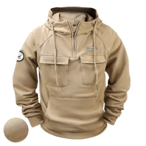 Timeless Tribute Inspired Custom General Dynamics x U.S. Military Branch Tactical Quarter Zip Hoodie for Military Veterans Khaki