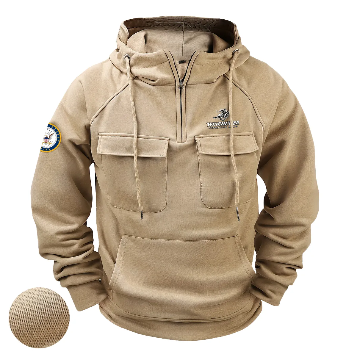 Custom Vigilant Brotherhood Winchester Repeating Arms x U.S. Military Branch Tactical Quarter Zip Hoodie Honoring Military Veterans Khaki Custom Vigilant Brotherhood Winchester Repeating Arms x U.S. Military Branch Tactical Quarter Zip Hoodie Honoring Military Veterans Khaki