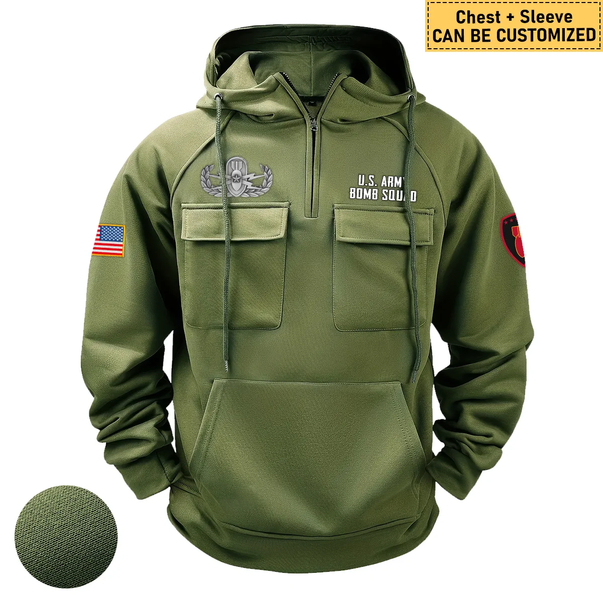 Personalized EOD Explosive Ordnance Disposal Tactical Quarter Zip Hoodie Celebrating Vigilant Devotion for EOD Veterans Army Green