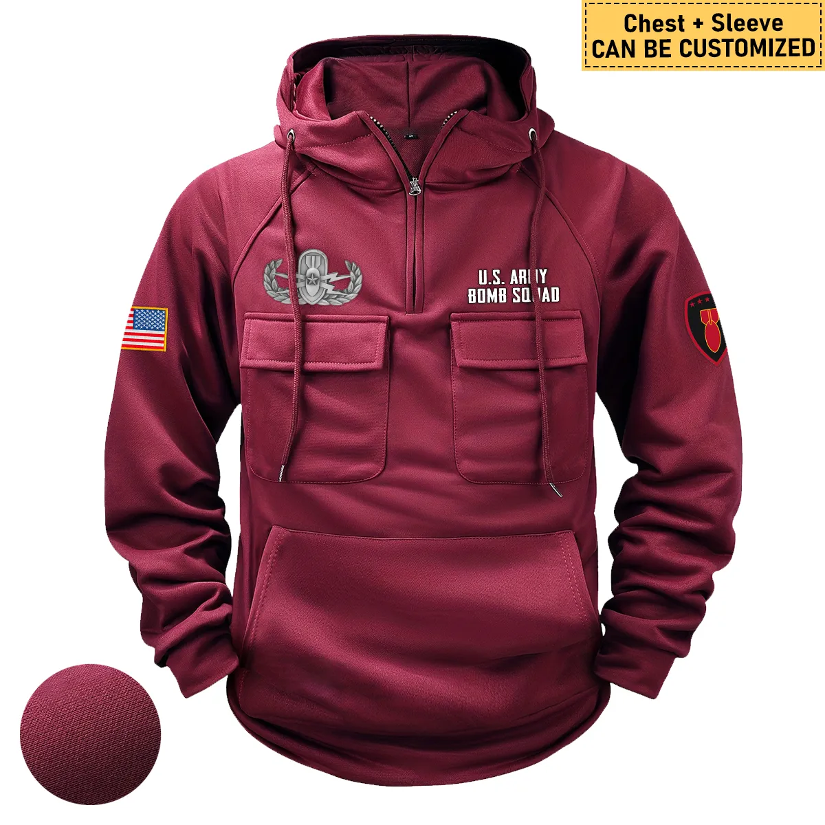 Proud EOD Veterans Personalized EOD Explosive Ordnance Disposal Tactical Quarter Zip Hoodie Vigilant Patriotism Edition Wine Red