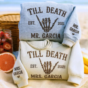 Custom Embroidered Skeleton Till Death Married Couple Mr Mrs Matching Newlywed Husband and Wife Sweatshirt or Hoodie 1 Sand Sport Gray Till Death Sweatshirt.jpg