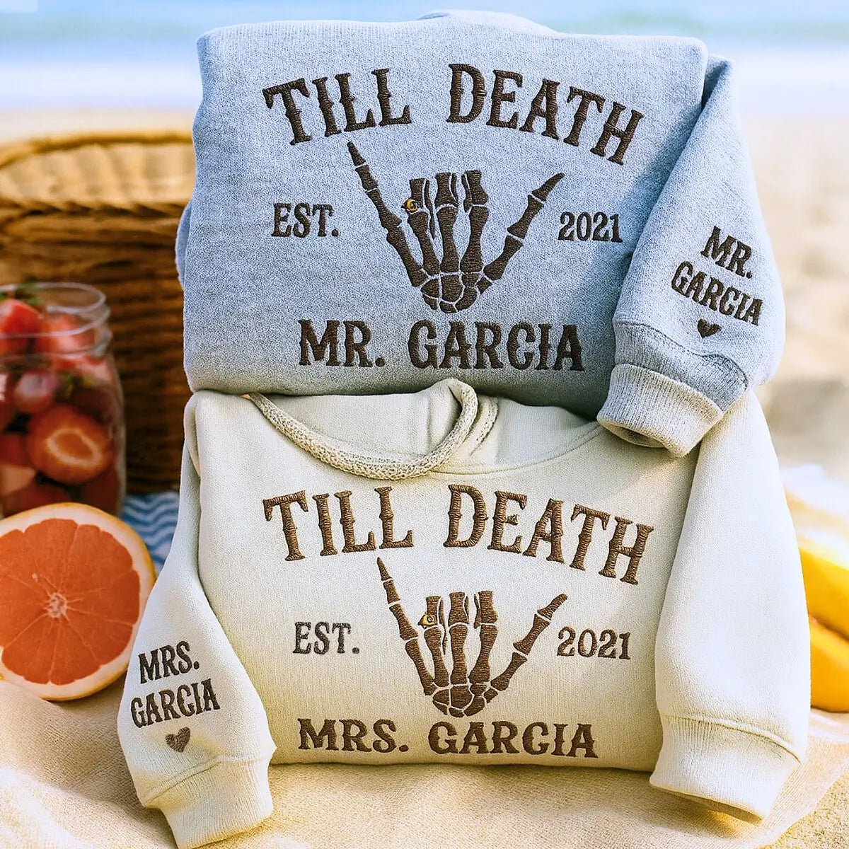 Custom Embroidered Skeleton Till Death Married Couple Mr Mrs Matching Newlywed Husband and Wife Sweatshirt or Hoodie Custom Embroidered Skeleton Till Death Married Couple Mr Mrs Matching Newlywed Husband and Wife Sweatshirt or Hoodie