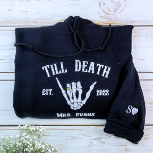 Custom Embroidered Skeleton Till Death Married Couple Mr Mrs Matching Newlywed Husband and Wife Sweatshirt or Hoodie 2 Till Death Flower Black Sweatshirt.png