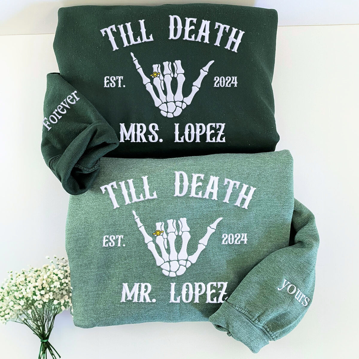 Custom Embroidered Skeleton Till Death Married Couple Mr Mrs Matching Newlywed Husband and Wife Sweatshirt or Hoodie Custom Embroidered Skeleton Till Death Married Couple Mr Mrs Matching Newlywed Husband and Wife Sweatshirt or Hoodie