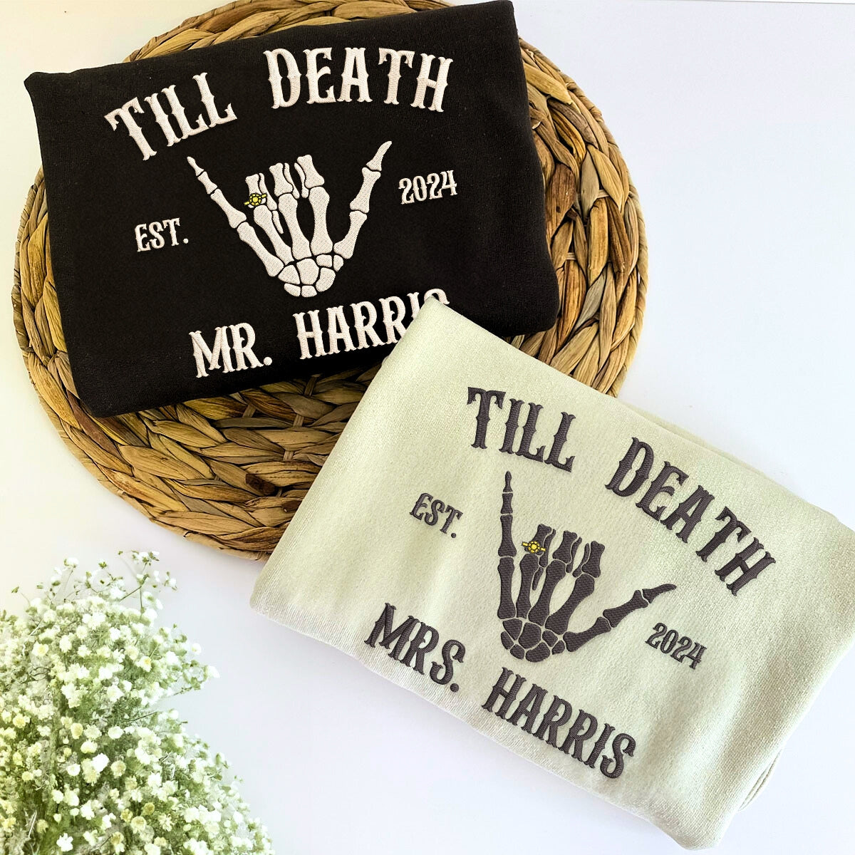 Custom Embroidered Skeleton Till Death Married Couple Mr Mrs Matching Newlywed Husband and Wife Sweatshirt or Hoodie Custom Embroidered Skeleton Till Death Married Couple Mr Mrs Matching Newlywed Husband and Wife Sweatshirt or Hoodie