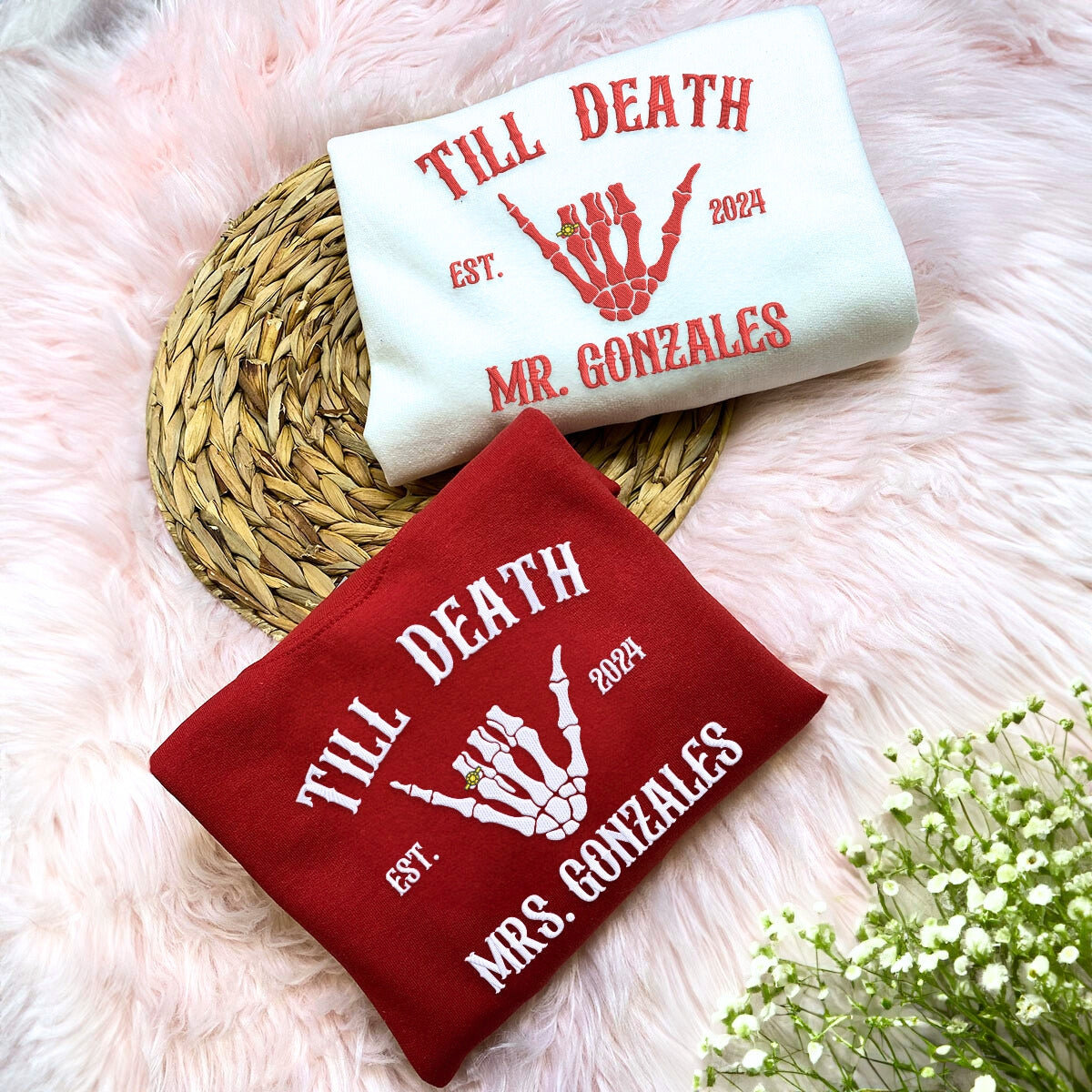 Custom Embroidered Skeleton Till Death Married Couple Mr Mrs Matching Newlywed Husband and Wife Sweatshirt or Hoodie Custom Embroidered Skeleton Till Death Married Couple Mr Mrs Matching Newlywed Husband and Wife Sweatshirt or Hoodie