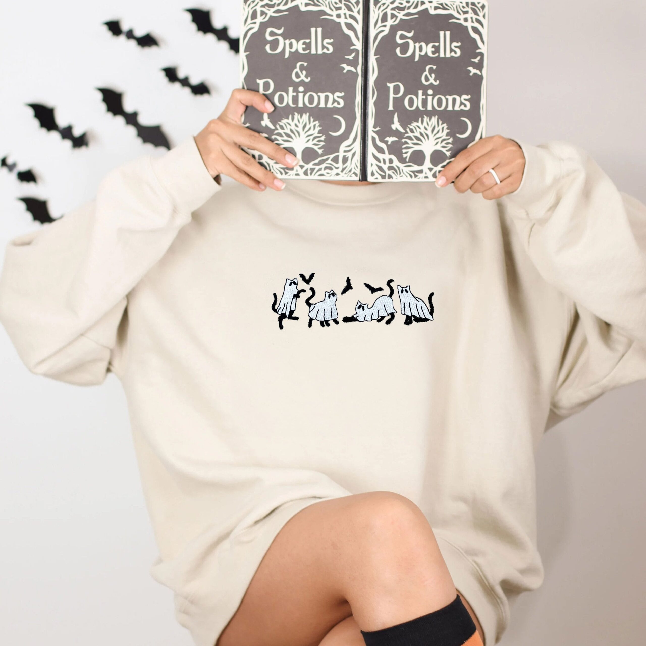Embroidered Ghost Sweatshirt, Halloween Sweatshirt, Ghost with Black Cat Hoodie Embroidered Ghost Sweatshirt, Halloween Sweatshirt, Ghost with Black Cat Hoodie