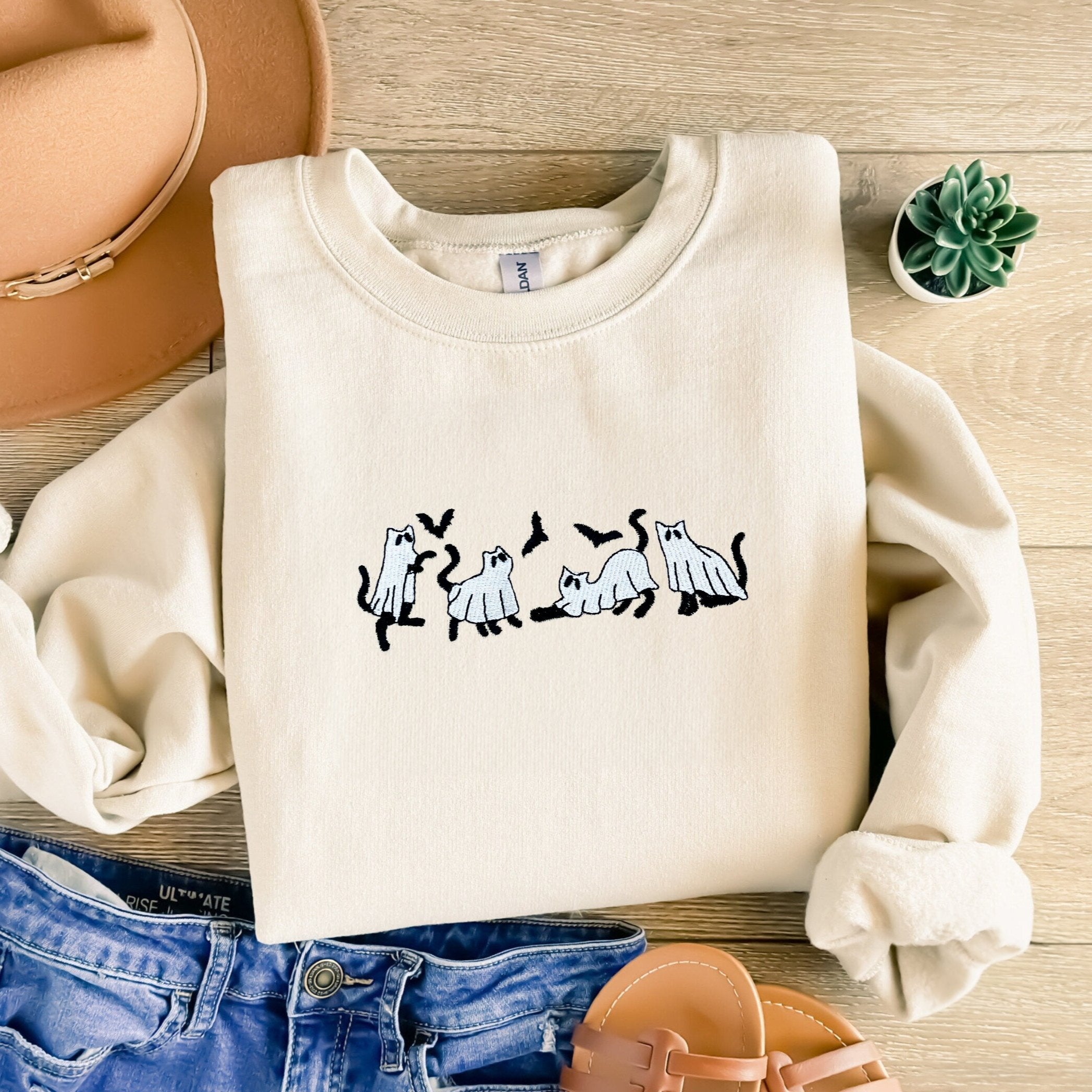 Embroidered Ghost Sweatshirt, Halloween Sweatshirt, Ghost with Black Cat Hoodie Embroidered Ghost Sweatshirt, Halloween Sweatshirt, Ghost with Black Cat Hoodie