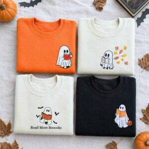 Embroidered Fall Ghost Reading Book Halloween Sweatshirt or Hoodie