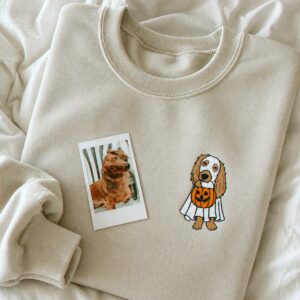 Custom Halloween Ghost Dog Portrait Sweatshirt – Embroidered Pet in Ghost Sheet Photo, Cozy Season Gift
