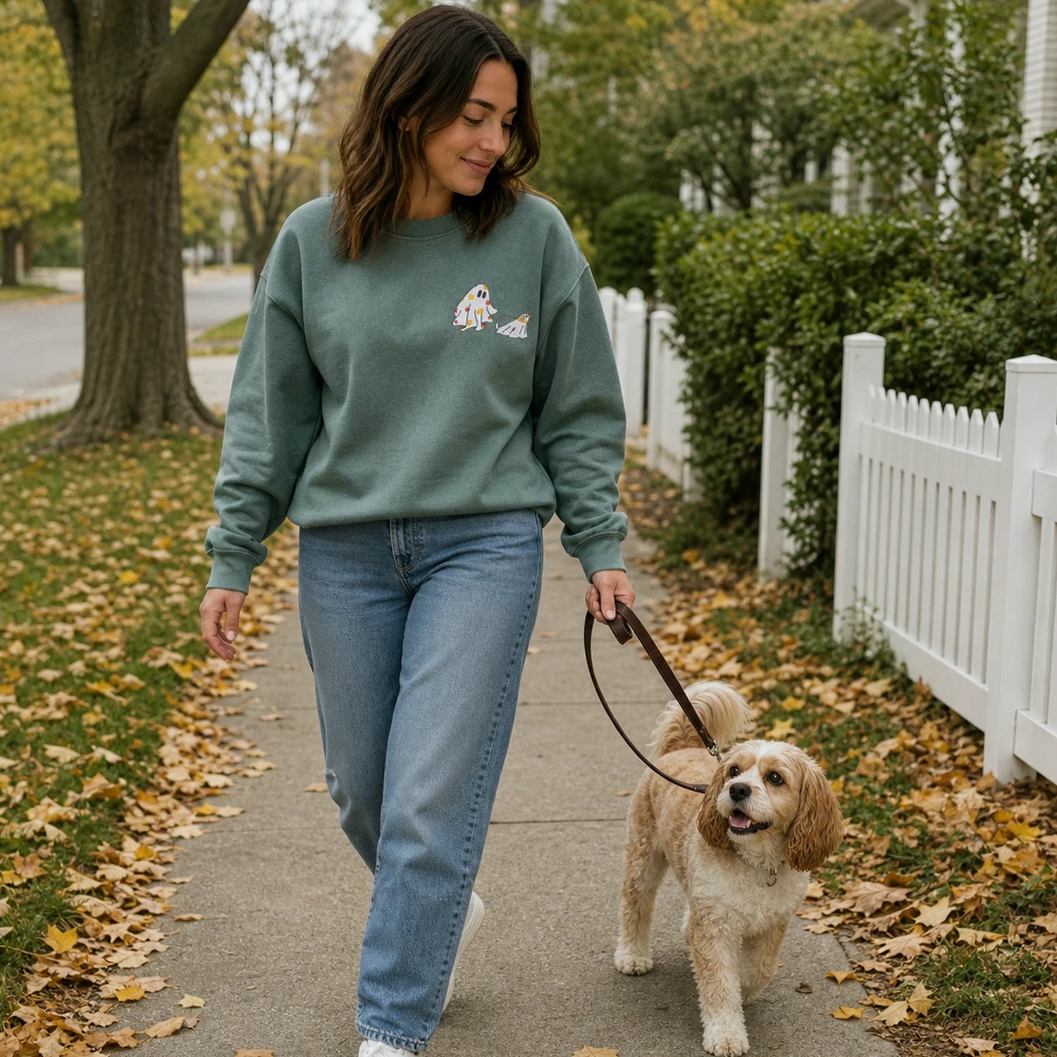 Embroidered Comfort Colors® Сute Walking Ghost Dog Sweatshirt – Retro Fall Season Gift
