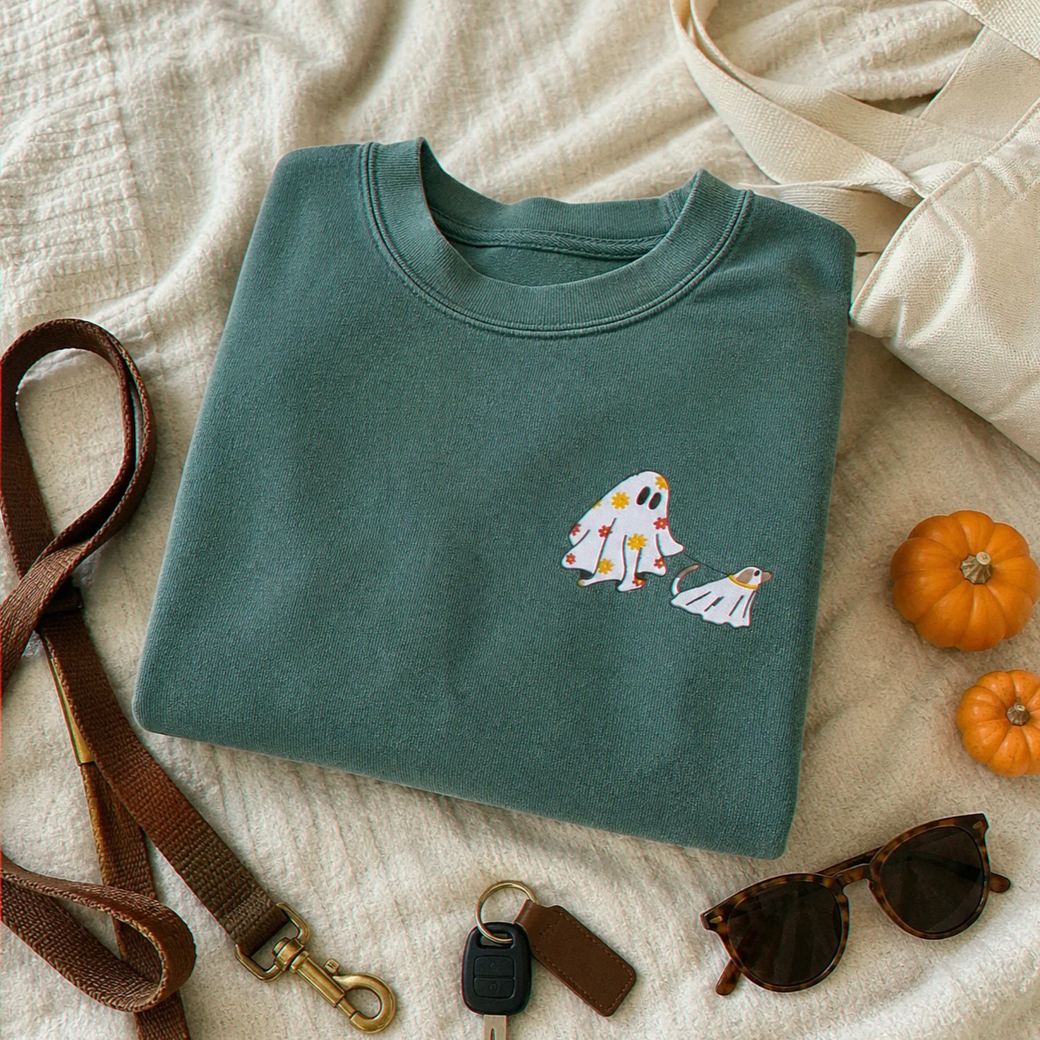 Embroidered Comfort Colors® Сute Walking Ghost Dog Sweatshirt – Retro Fall Season Gift