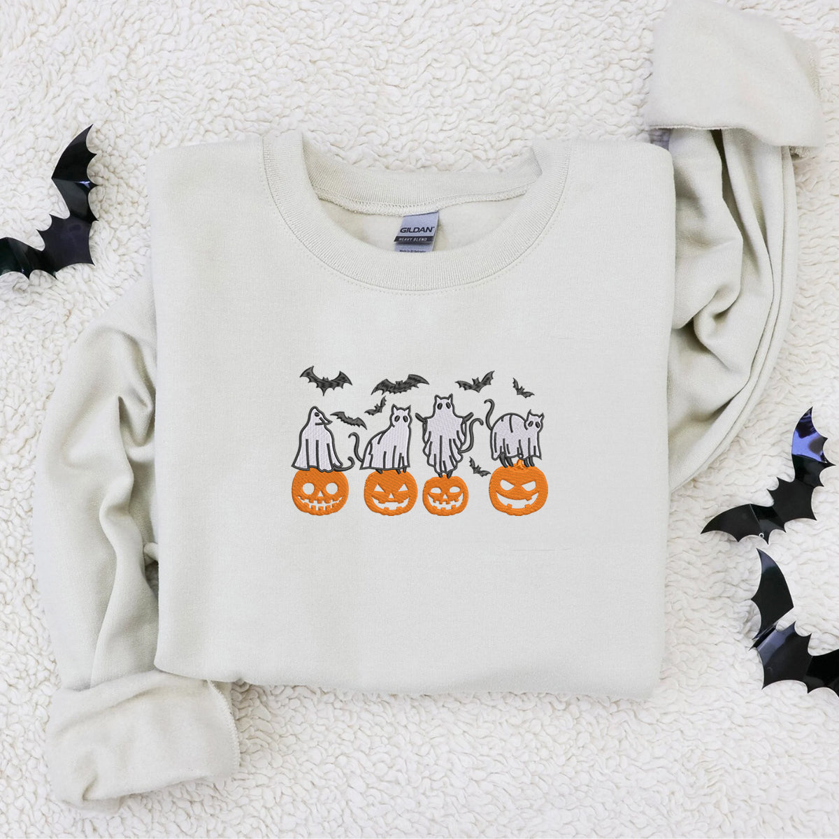 Embroidered Halloween Crewneck with Pumpkin, Bats, Cats Ghost Sweatshirt, Hoodie Embroidered Halloween Crewneck with Pumpkin, Bats, Cats Ghost Sweatshirt, Hoodie