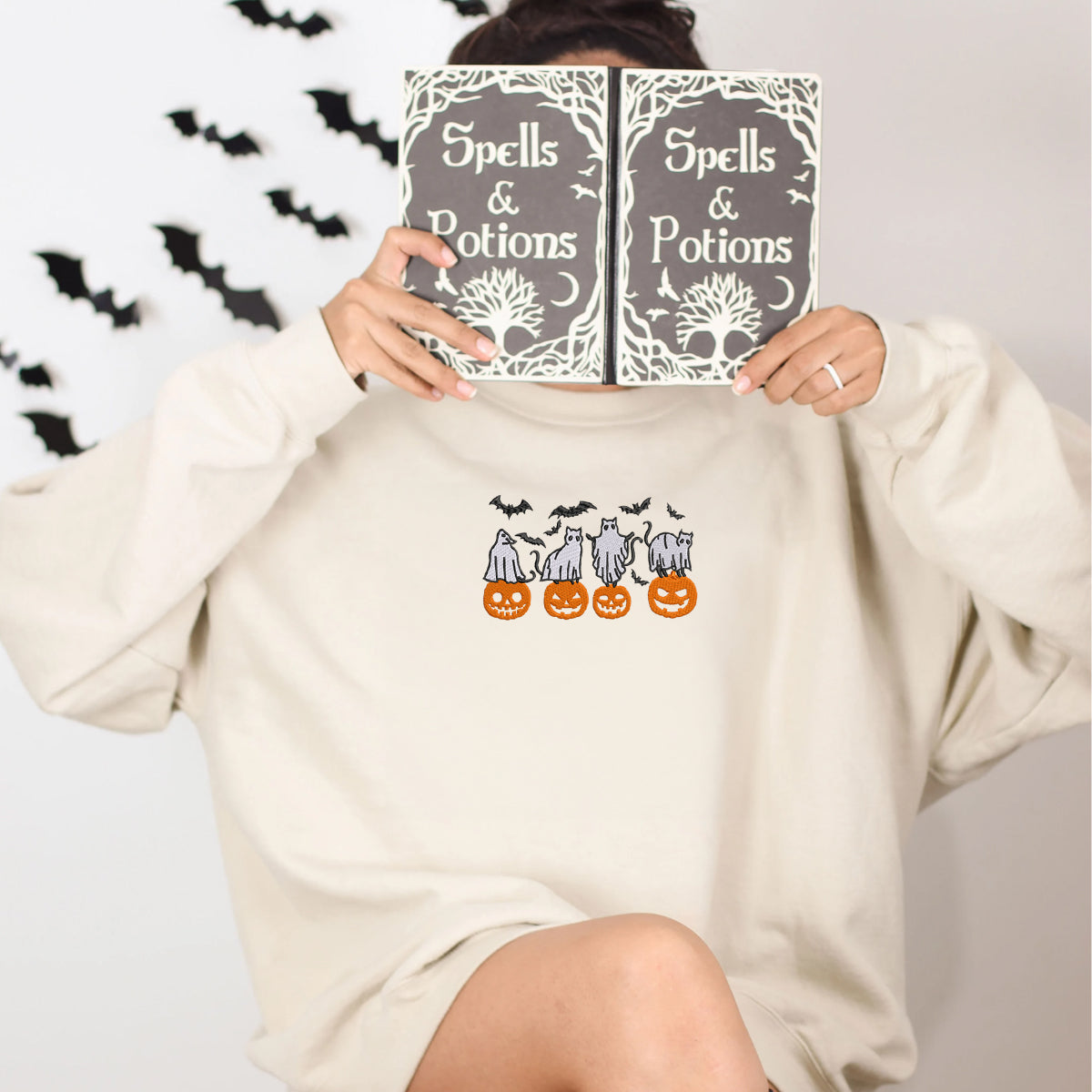 Embroidered Halloween Crewneck with Pumpkin, Bats, Cats Ghost Sweatshirt, Hoodie Embroidered Halloween Crewneck with Pumpkin, Bats, Cats Ghost Sweatshirt, Hoodie