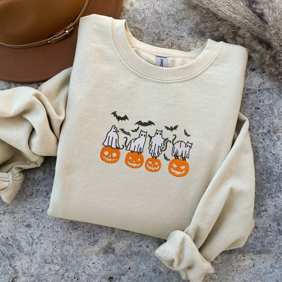 Embroidered Halloween Crewneck with Pumpkin, Bats, Cats Ghost Sweatshirt, Hoodie Embroidered Halloween Crewneck with Pumpkin, Bats, Cats Ghost Sweatshirt, Hoodie