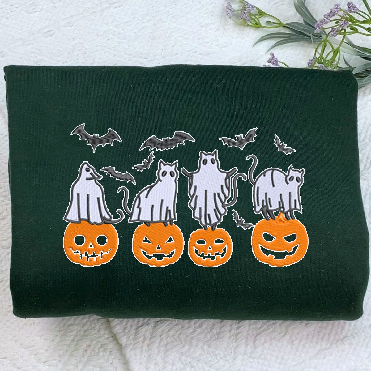 Embroidered Halloween Crewneck with Pumpkin, Bats, Cats Ghost Sweatshirt, Hoodie Embroidered Halloween Crewneck with Pumpkin, Bats, Cats Ghost Sweatshirt, Hoodie