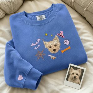 Custom Comfort Colors® Halloween Dog Portrait Sweatshirt – Embroidered Pet Photo with Fall Theme Sweater