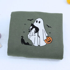 Ghost and Cat T-Shirt, Sweatshirt or Hoodie, Bats and Pumpkin, Embroidered Gift for Spooky Season