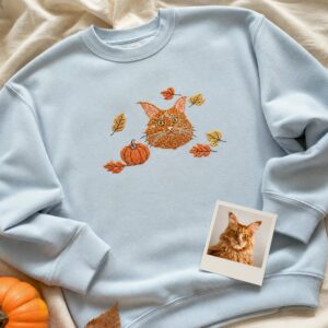 Custom Comfort Colors® Halloween Cat Portrait Sweatshirt – Embroidered Pet Photo with Fall Theme Sweater