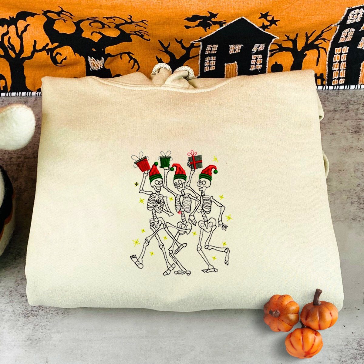 Dancing Skeletons Sweatshirt, Merry Christmas Crewneck Embroidered Dancing Skeletons Sweatshirt, Merry Christmas Crewneck Embroidered