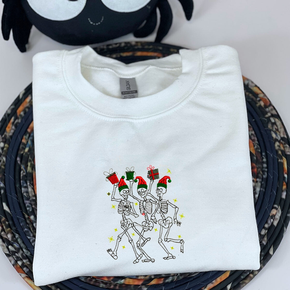 Dancing Skeletons Sweatshirt, Merry Christmas Crewneck Embroidered Dancing Skeletons Sweatshirt, Merry Christmas Crewneck Embroidered