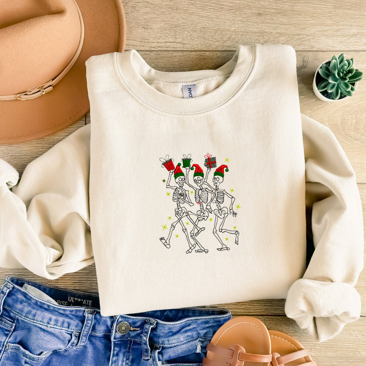 Dancing Skeletons Sweatshirt, Merry Christmas Crewneck Embroidered Dancing Skeletons Sweatshirt, Merry Christmas Crewneck Embroidered
