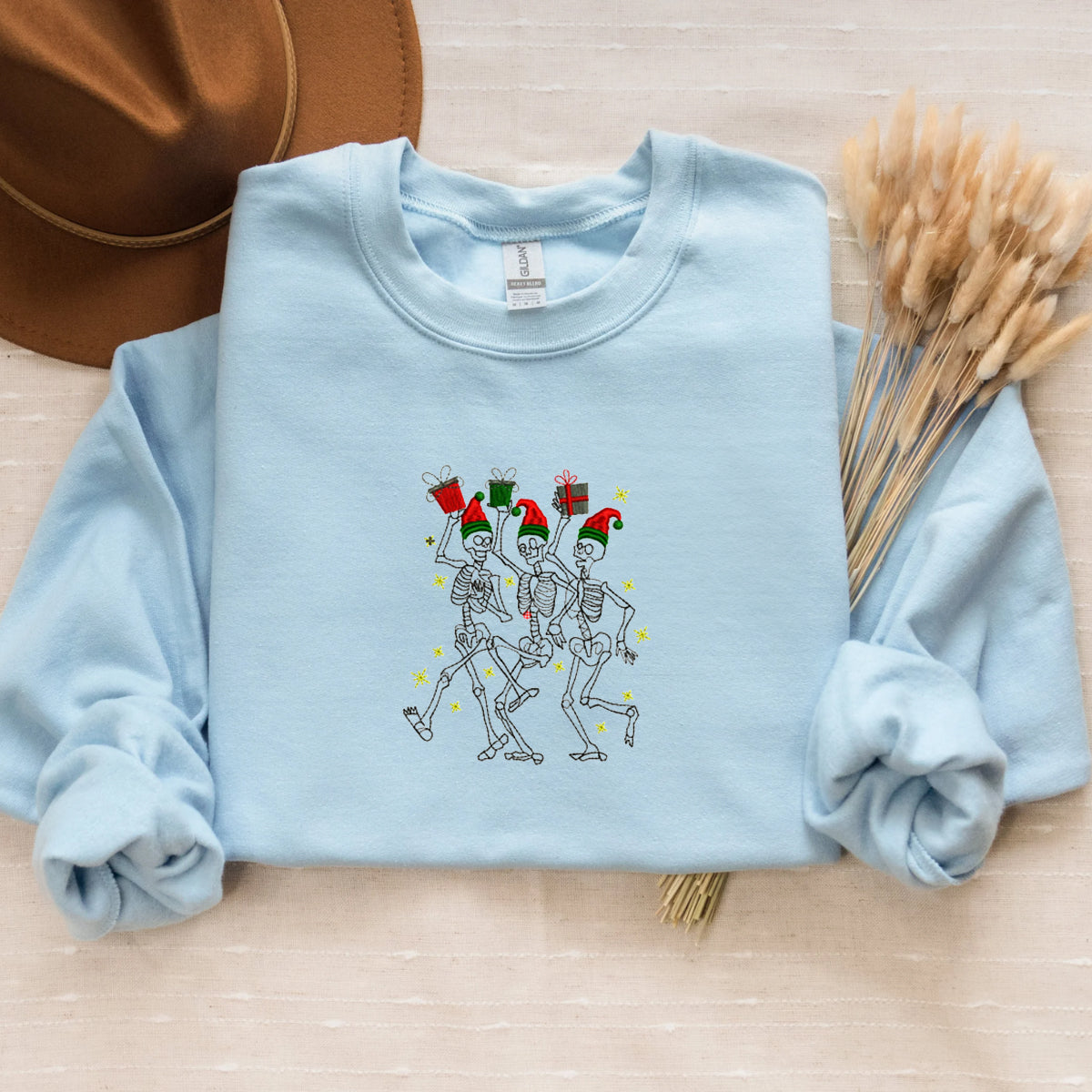 Dancing Skeletons Sweatshirt, Merry Christmas Crewneck Embroidered Dancing Skeletons Sweatshirt, Merry Christmas Crewneck Embroidered