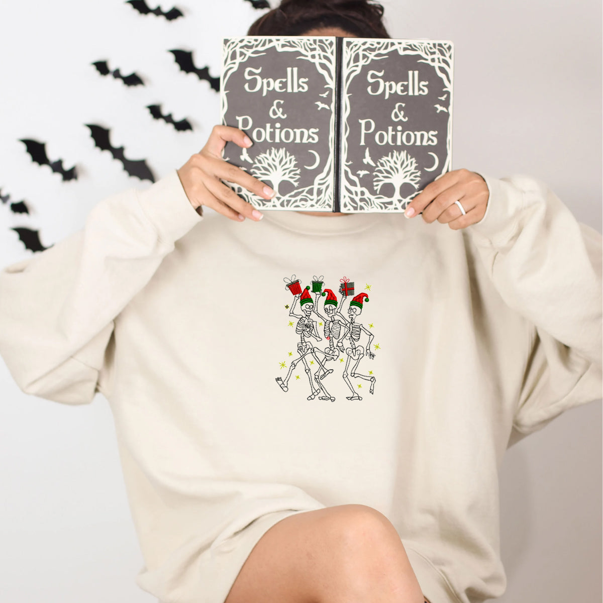 Dancing Skeletons Sweatshirt, Merry Christmas Crewneck Embroidered Dancing Skeletons Sweatshirt, Merry Christmas Crewneck Embroidered
