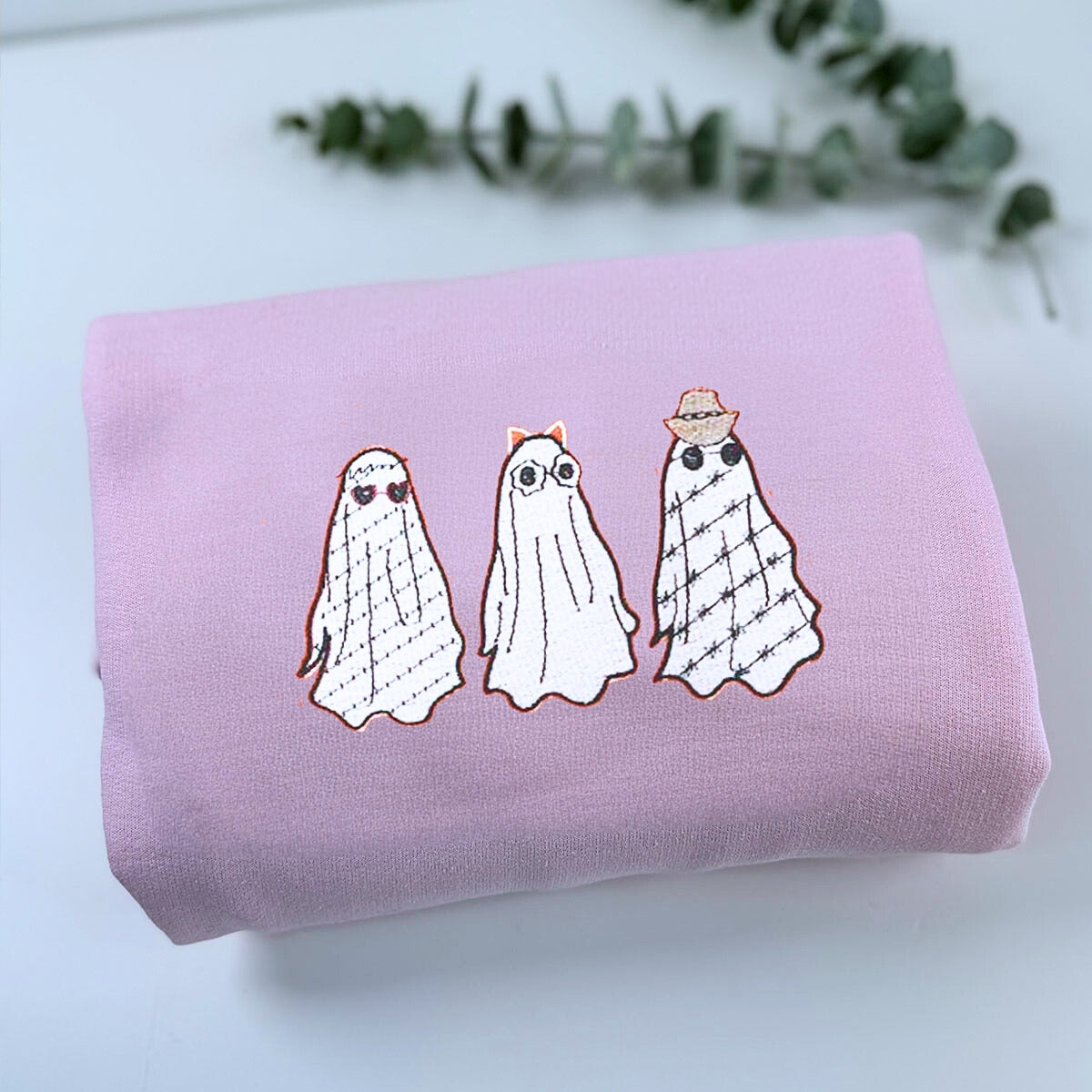 Embroidered Halloween Crewneck, Three Ghost Sweatshirt for Women Men Embroidered Halloween Crewneck, Three Ghost Sweatshirt for Women Men