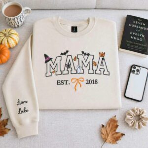 Custom Mama Halloween Sweatshirt with EST, Coquette Bow on Chest, Embroidered Halloween Gift for Her