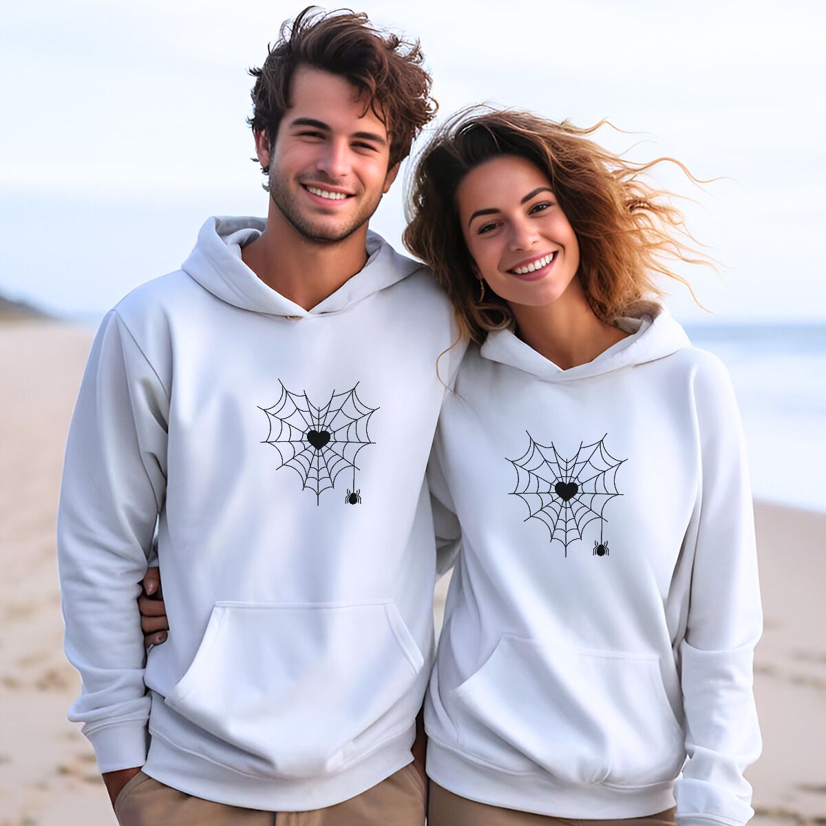 Matching Halloween Couple Hoodies – Personalized Spider Web Heart with Initials or Custom Text Matching Halloween Couple Hoodies – Personalized Spider Web Heart with Initials or Custom Text