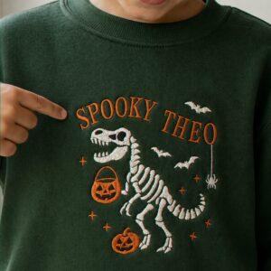 Personalized Halloween Sweatshirt for Kids – Embroidered Name with Spooky Dinosaur Crewneck – Fall Season Gift