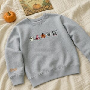 Personalized Kids Halloween Sweatshirt for School Party – Embroidered Festive Icons with Name Sleeve Pullover