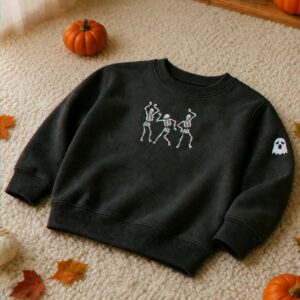 Personalized Toddler Halloween Sweatshirt for Preschool Parade – Embroidered Dancing Skeleton Pullover