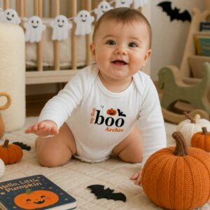 Personalized First Halloween Baby Bodysuit – Embroidered Name with Pumpkin Patch One-Piece, First Fall Season Gift