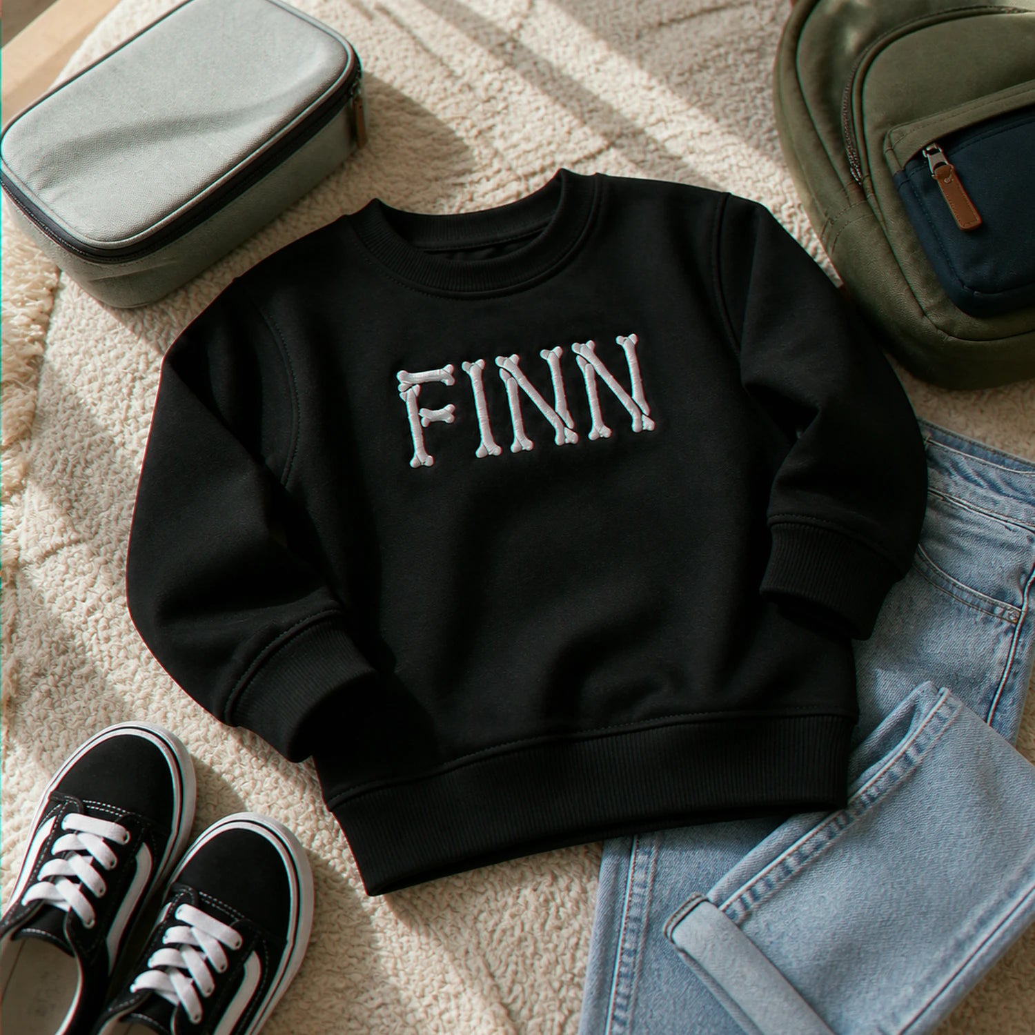 Personalized Halloween Kid Sweatshirt for School – Custom Embroidered Skeleton Name Sweater Personalized Halloween Kid Sweatshirt for School – Custom Embroidered Skeleton Name Sweater