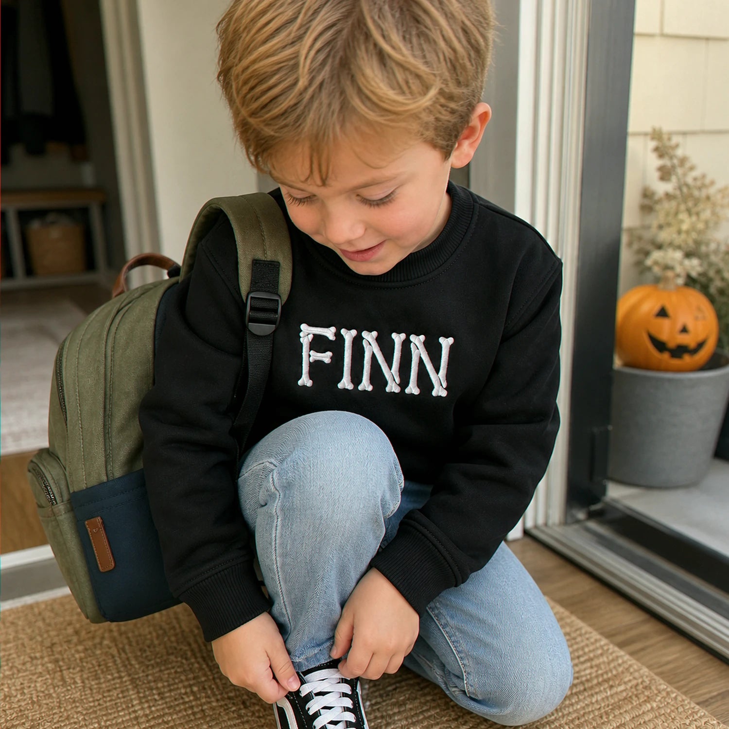 Personalized Halloween Kid Sweatshirt for School – Custom Embroidered Skeleton Name Sweater Personalized Halloween Kid Sweatshirt for School – Custom Embroidered Skeleton Name Sweater
