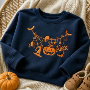 Personalized Toddler Halloween Sweatshirt from Mom – Embroidered Name with Spooky-cute Pumpkin Pullover