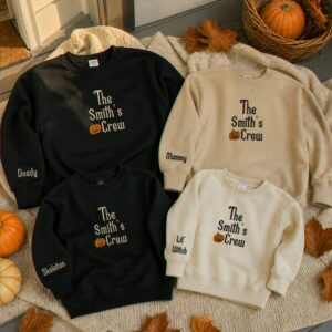 Personalized Kid Halloween Family Crew Sweatshirt – Embroidered Pumpkin Name Matching Outfit, Fall Photo Sweaters
